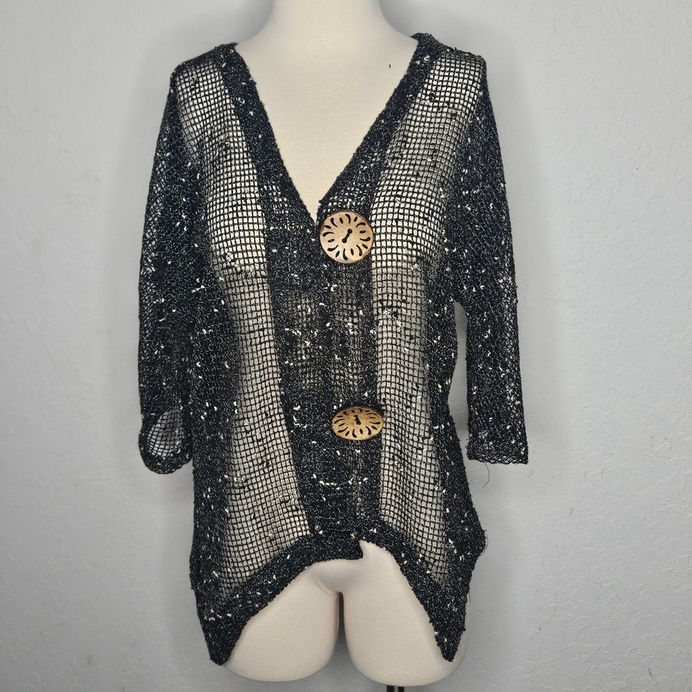 Anthony's Resort Wear Black White Mesh Knit Cardigan Wood Buttons Sharkbite L